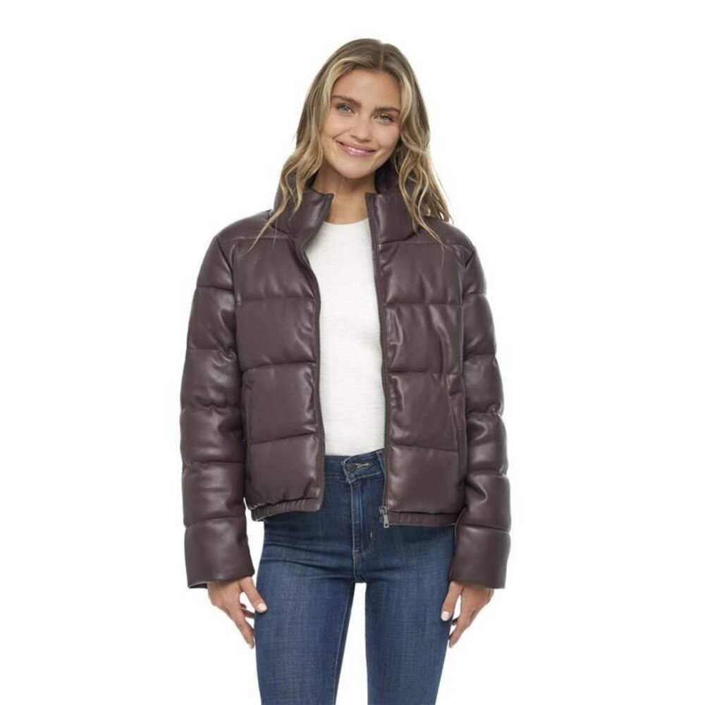 Women's Faux Leather Puffer Jacket, Puffy Coat